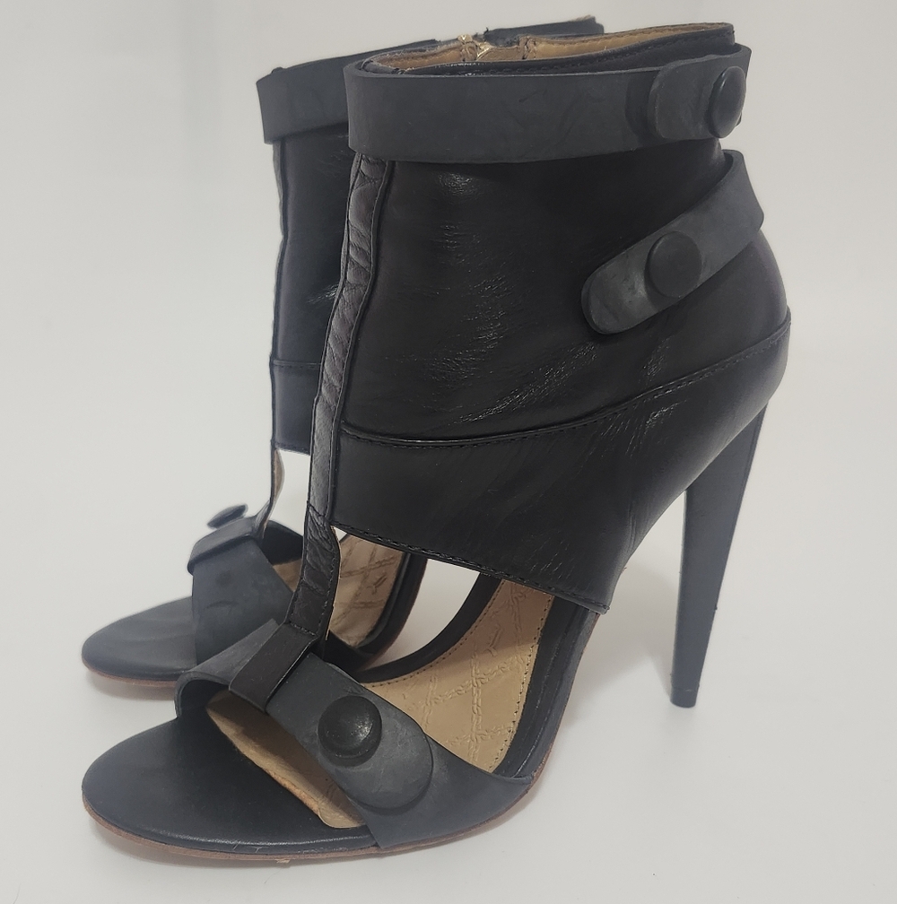L.A.M.B. Rasta Black Leather Open-Toe Ankle Cuff Stiletto Heels
